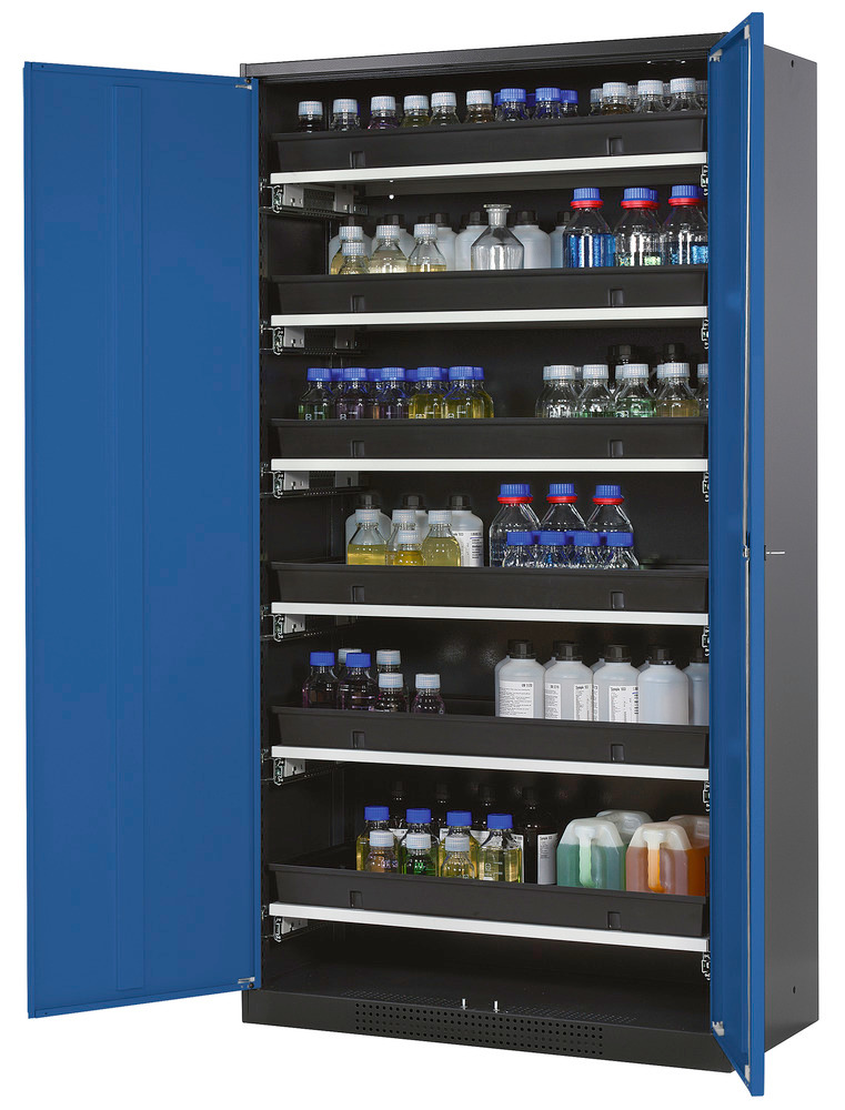Kemikalieskåp asecos Systema-T CS-106, antracitgrå stomme, blå pardörrar, 6 utdragshyllor