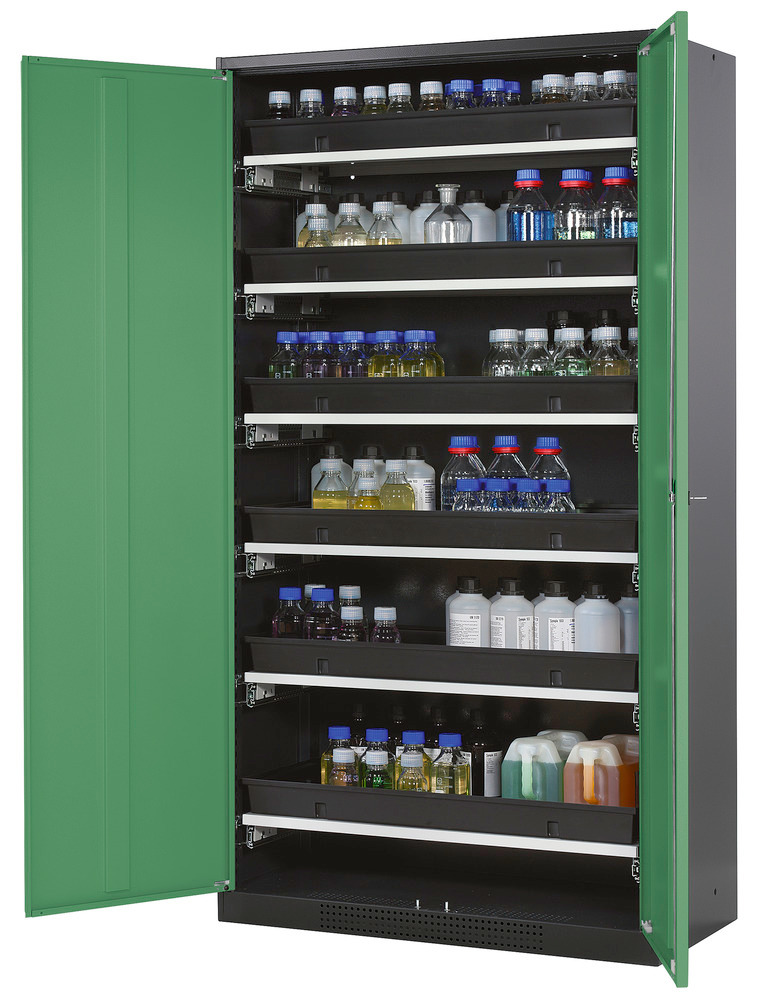 Kemikalieskåp asecos Systema-T CS-106, antracitgrå stomme, gröna pardörrar, 6 utdragshyllor - 1