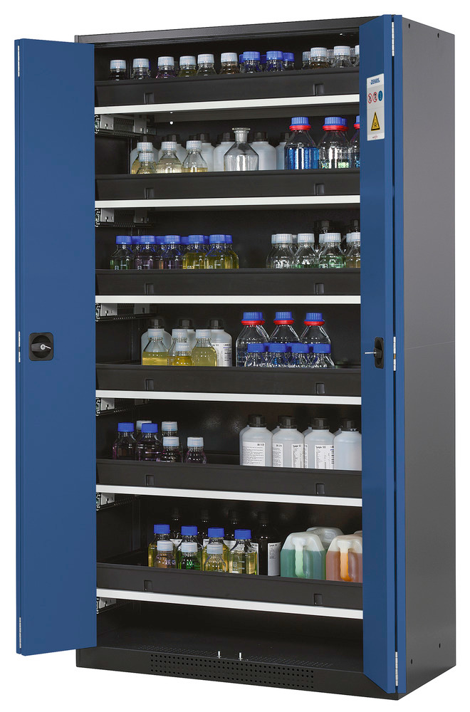 Skříň na chemikálie Systema CS-106, korpus antracitové barvy, skládací dveře modré, 6 výsuv. van