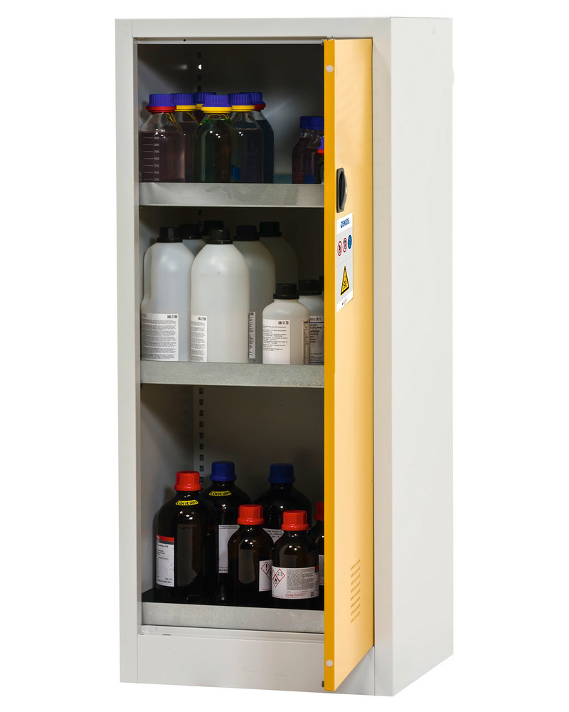 Skříň na chemikálie Tough CS 60-140, 3 záchytné vany, světle šedý korpus, žluté dveře