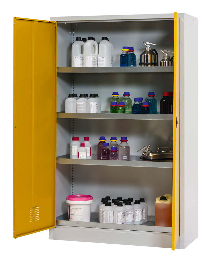 Skříň na chemikálie Tough CS 120-195, 4 záchytné vany, světle šedý korpus, žluté dveře
