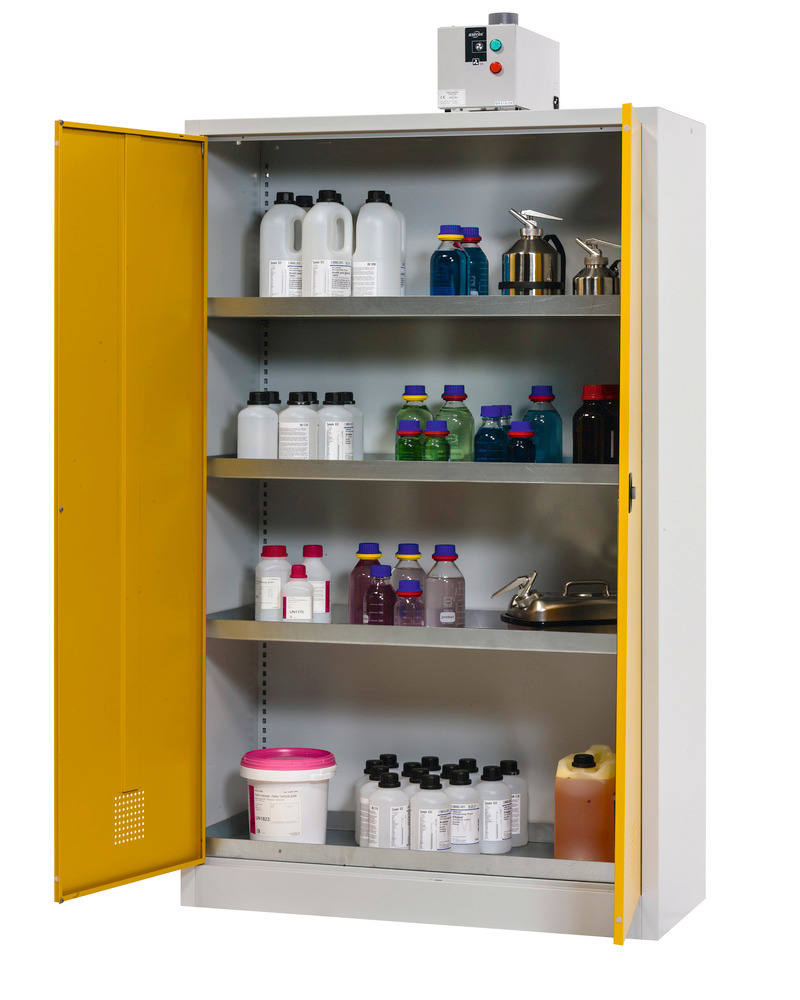 Skříň na chemikálie Tough CS 120-195, 4 záchytné vany, světle šedý korpus, žluté dveře - 3