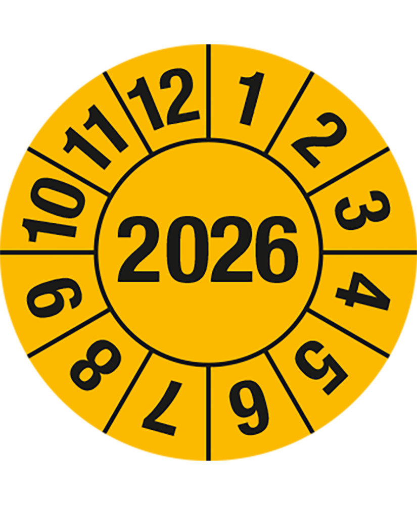 Prüfplakette "2026", gelb, Folie, selbstklebend, 30 mm, VE = 5 Bogen à 15 Stück - 1