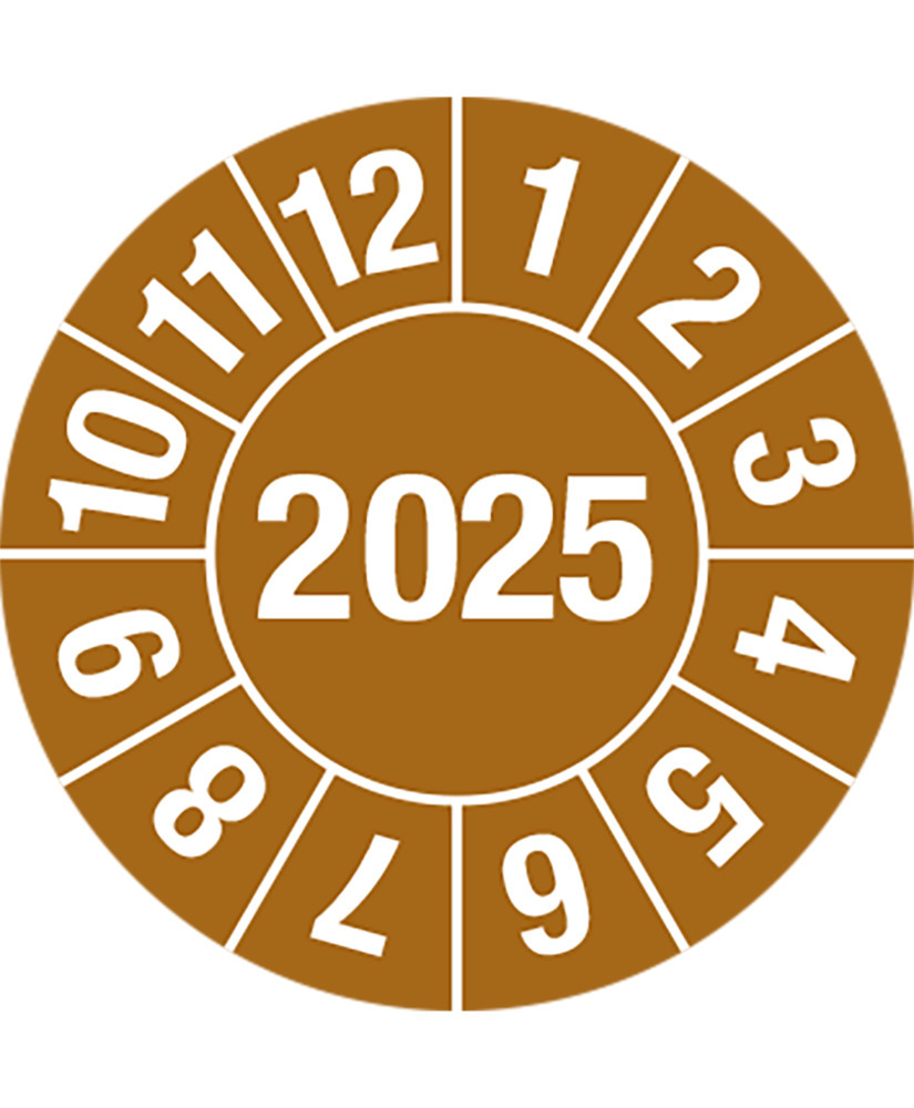 Prüfplakette "2025", braun, Folie, selbstklebend, 30 mm, VE = 5 Bogen à 15 Stück - 1