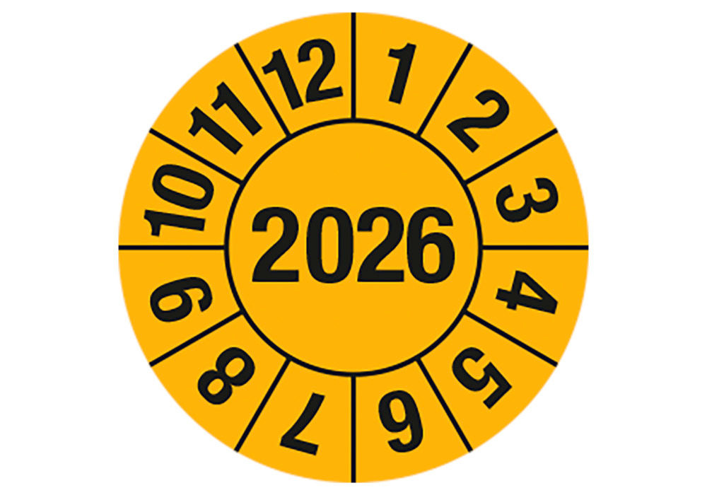 Tarkastustarra 2026, keltainen, kalvo, itsekiinnittyvä 25mm, PY = 5 arkkia à 15 kpl - 1