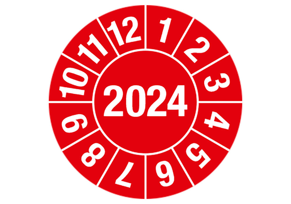 Prüfplakette "2024", rot, Folie, selbstklebend, 25 mm, VE = 5 Bogen à 15 Stück - 1