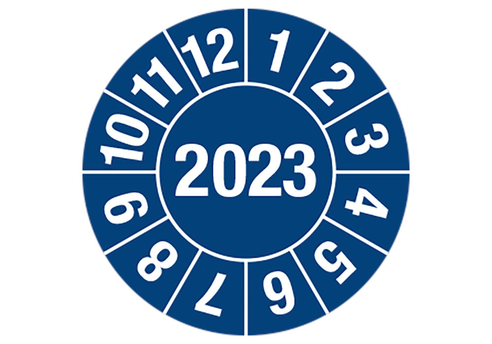 Etiqueta de controlo 2023, azul, folha, autocolante, 25 mm, pack = 5 folhas de 15 un. - 1
