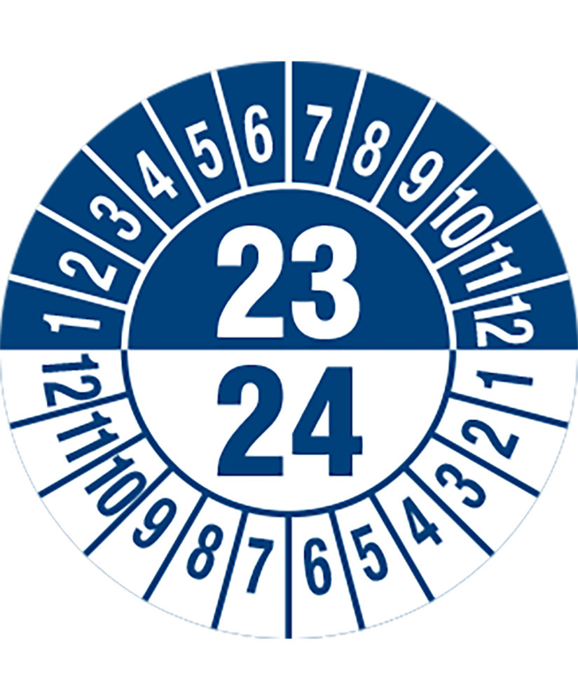 Prüfplakette "23/24", blau, Folie, selbstklebend, 25 mm, VE = 5 Bogen à 15 Stück - 1