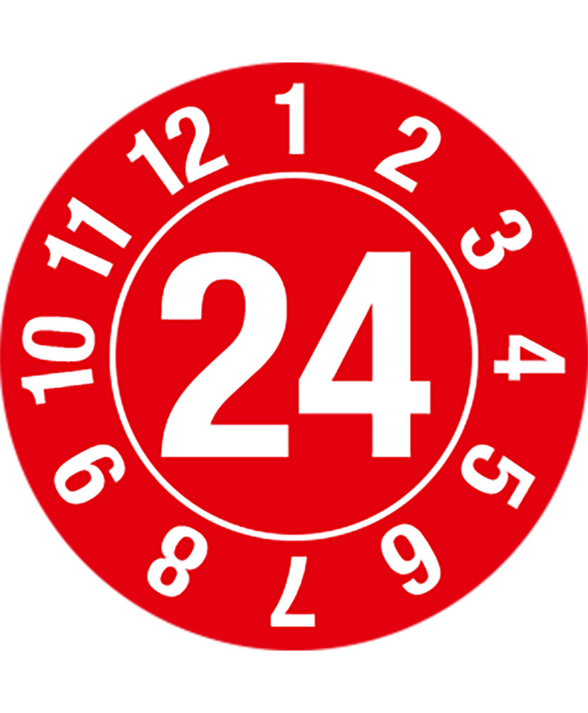 Prüfplakette "24", im Kreis, rot, Folie, selbstklebend, 10 mm, VE = 1 Bogen à 128 Stück - 1