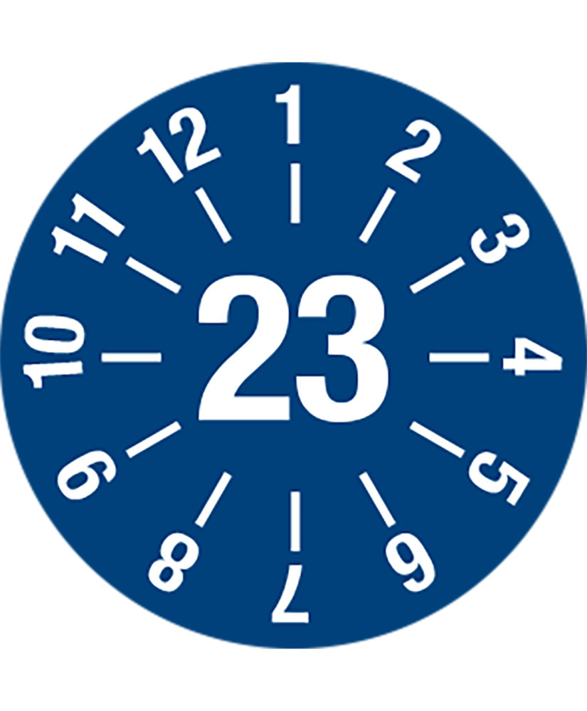 Prüfplakette "23", mit Strichen, blau, Folie, selbstklebend, 25 mm, VE = 5 Bogen à 15 Stück - 1