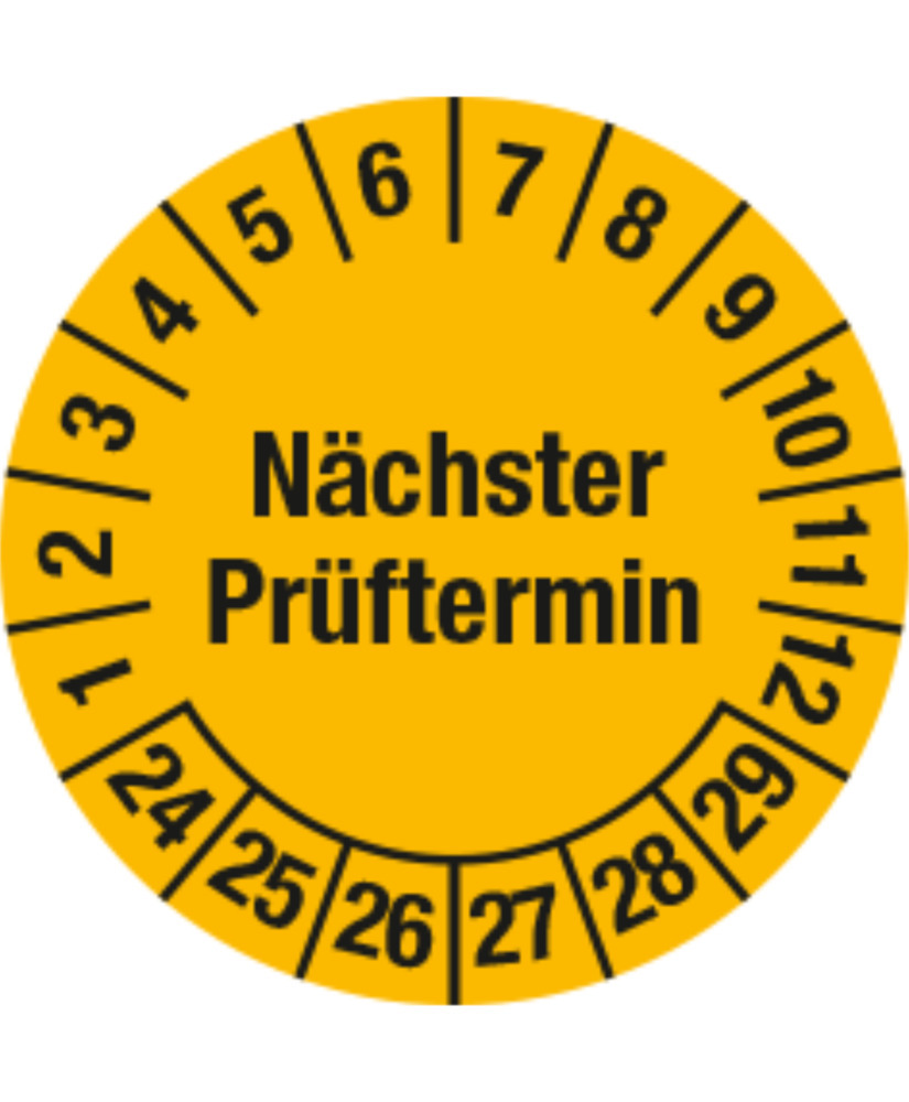 Prüfplakette "Nächster Prüftermin", 24 - 29, gelbe Version, Folie, SK, 20 mm, VE = 3 Bogen à 36 St. - 1