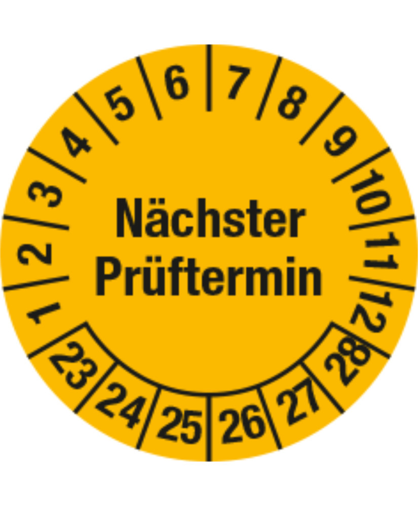 Prüfplakette "Nächster Prüftermin", 23 - 28, gelbe Version, Folie, SK, 20 mm, VE = 3 Bogen à 36 St.