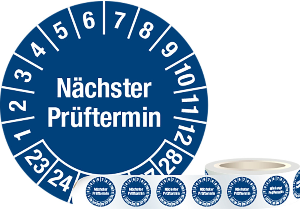 Prüfplakette "Nächster Prüftermin", 23 - 28, blau, Folie, SK, 30 mm, VE = 1 Rolle à 1000 Stück - 1
