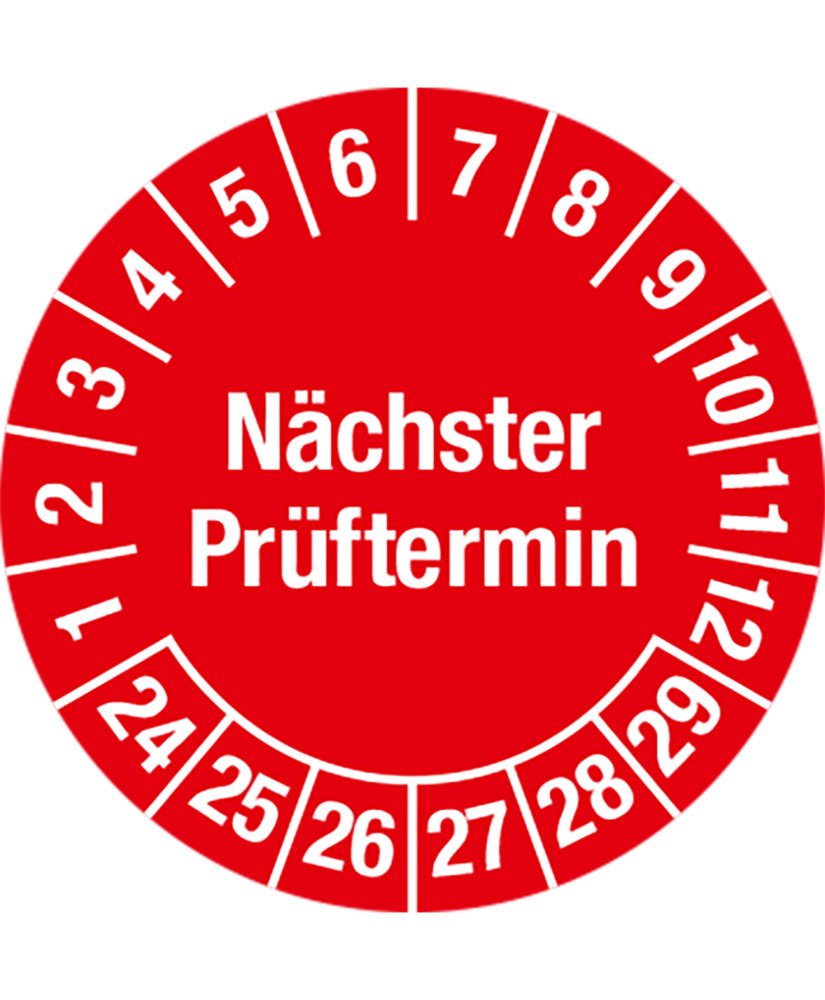 Prüfplakette "Nächster Prüftermin", 24 - 29, bei Öl, rot, Folie, SK, 30 mm, VE = 5 Bogen à 15 Stück - 1