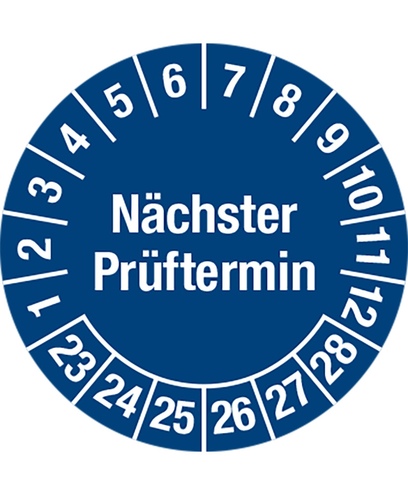 Prüfplakette "Nächster Prüftermin", 23 - 28, bei Öl, blau, Folie, SK, 30 mm, VE = 5 Bogen à 15 Stück - 1