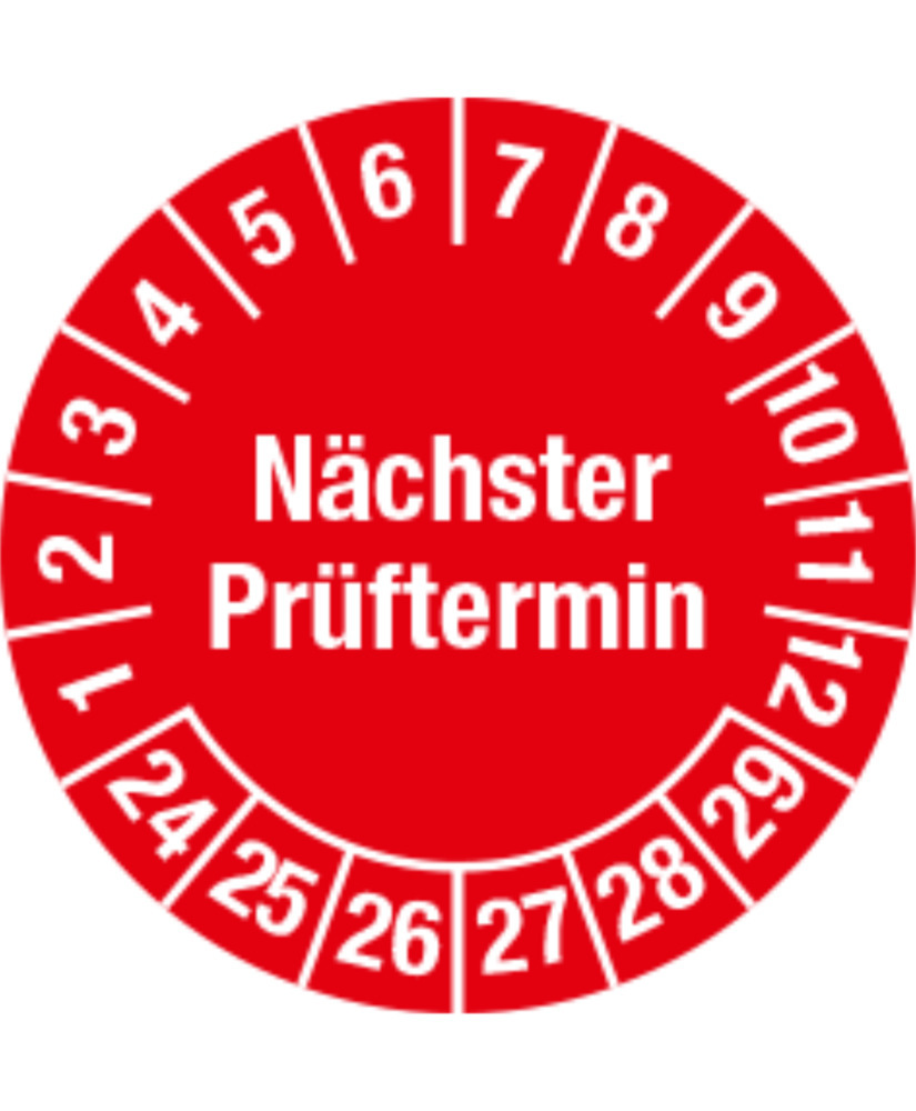 Prüfplakette "Nächster Prüftermin", 24 - 29, rot, Folie, SK, 20 mm, VE = 3 Bogen à 36 Stück - 1