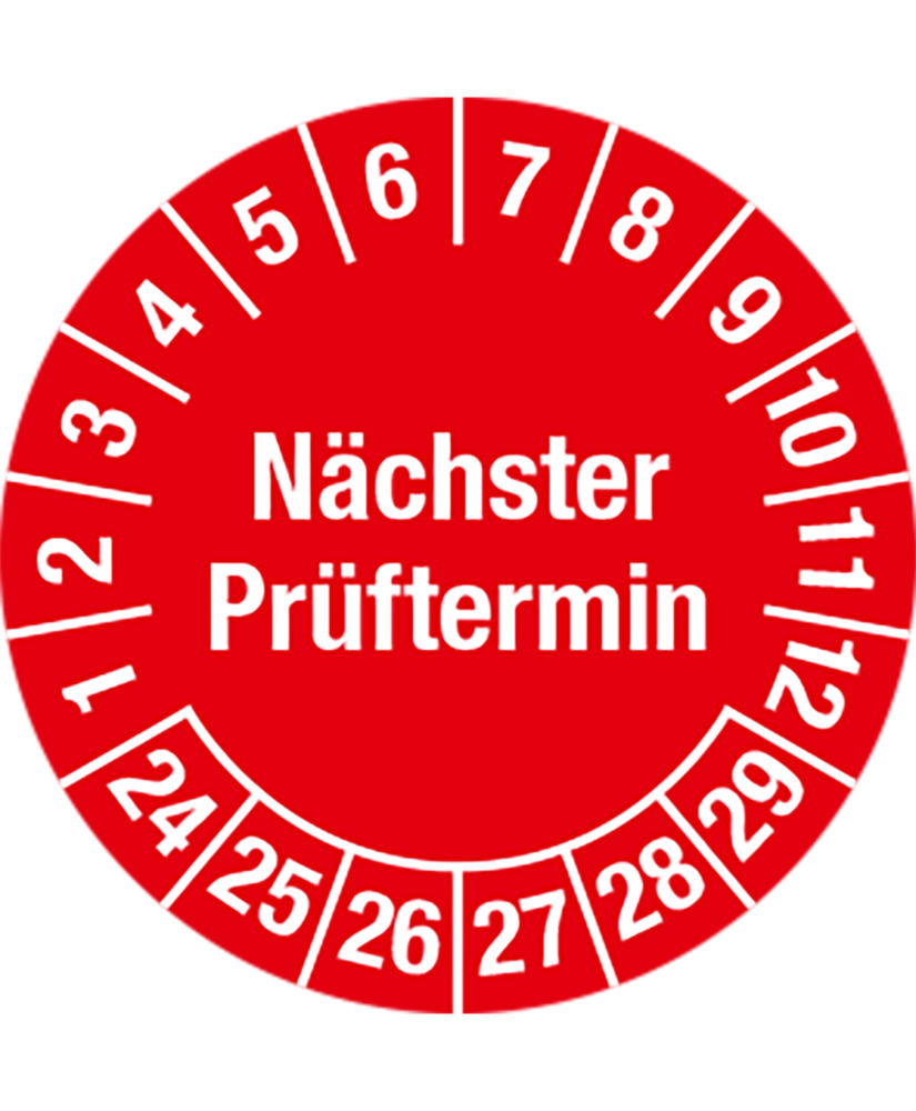 Prüfplakette "Nächster Prüftermin", 24 - 29, rot, Folie, SK, 25 mm, VE = 5 Bogen à 15 Stück - 1