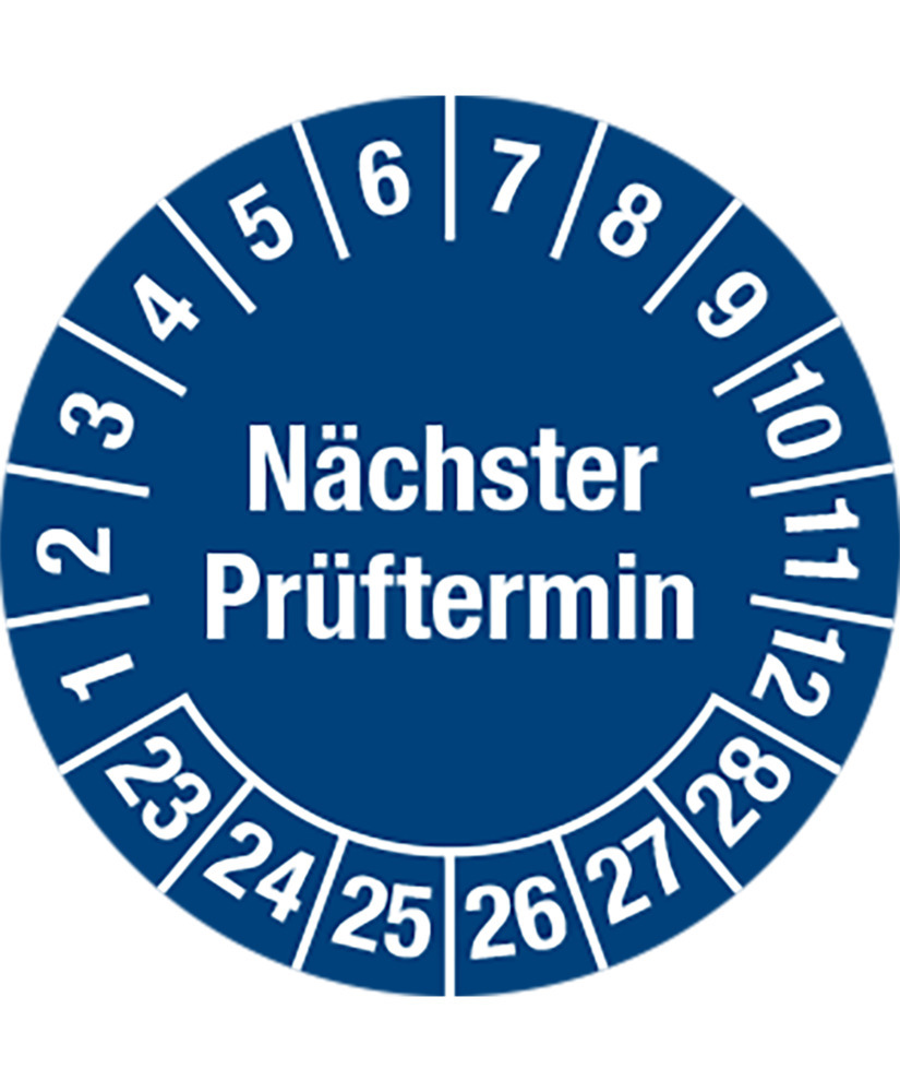Prüfplakette "Nächster Prüftermin", 23 - 28, blau, Folie, SK, 25 mm, VE = 5 Bogen à 15 Stück