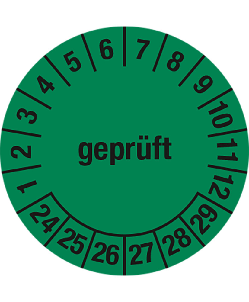 Prüfplakette "geprüft", 24 - 29, grün, Folie, selbstklebend, 30 mm, VE = 5 Bogen à 15 Stück - 1