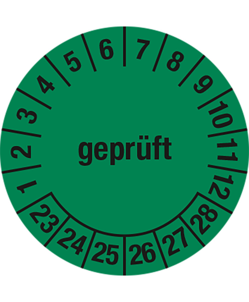 Prüfplakette "geprüft", 23 - 28, grün, Folie, selbstklebend, 30 mm, VE = 5 Bogen à 15 Stück - 1