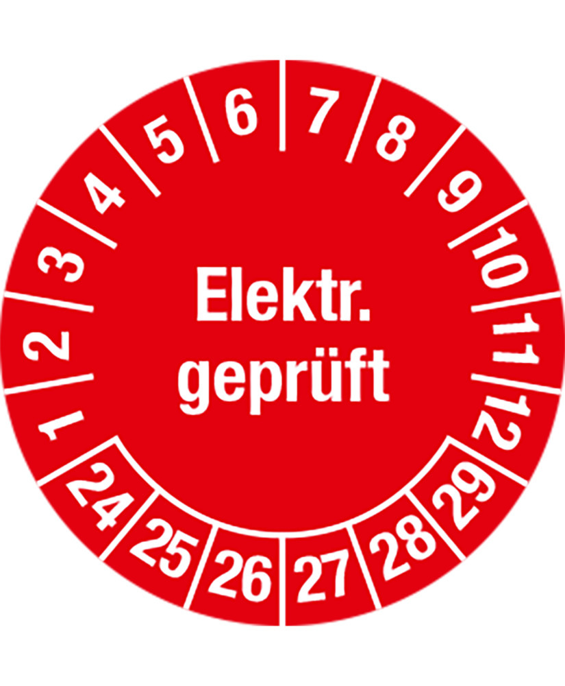 Prüfplakette "Elektr. geprüft", 24 - 29, rot, Folie, selbstklebend, 25 mm, VE = 5 Bogen à 15 Stück - 1