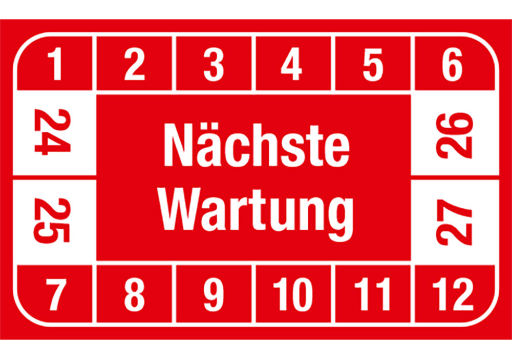 Prüfplakette "Nächste Wartung", 24 - 27, rot, Folie, SK, 40 x 25 mm, VE = 5 Bogen à 12 Stück - 1
