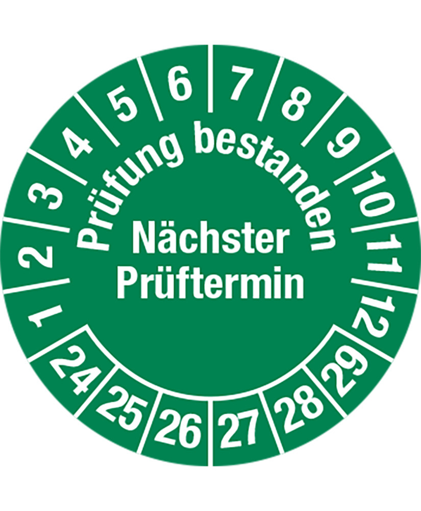 Prüfplakette "Prüfung best./Näch. Termin", 24 - 29, grün, Folie, SK, 30 mm, VE = 5 Bogen à 15 Stück - 1