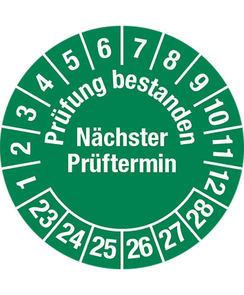 Prüfplakette "Prüfung best./Näch. Termin", 23 - 28, grün, Folie, SK, 30 mm, VE = 5 Bogen à 15 Stück - 1