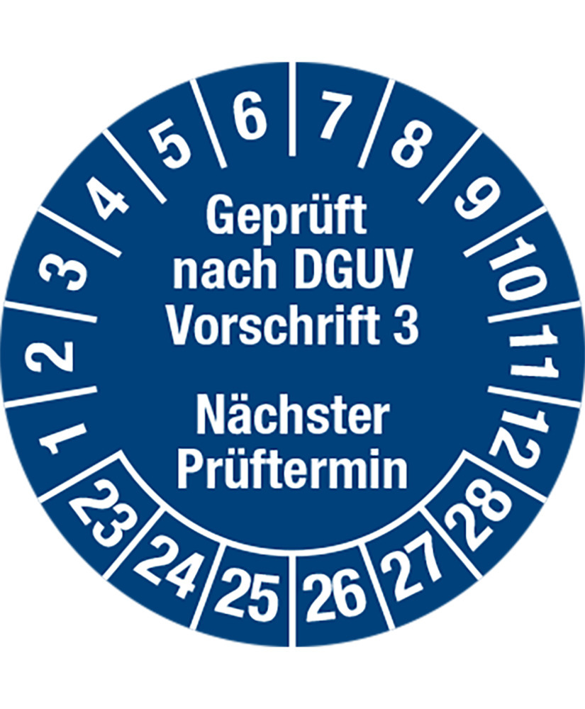Prüfplakette "Geprüft DGUV/Termin", 23 - 28, blau, Folie, SK, 30 mm, VE = 5 Bogen à 15 Stück - 1