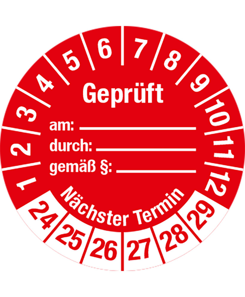 Prüfplakette "Geprüft am/Nächster Termin", 24 - 29, rot, Folie, SK, 30 mm, VE = 5 Bogen à 15 Stück - 1