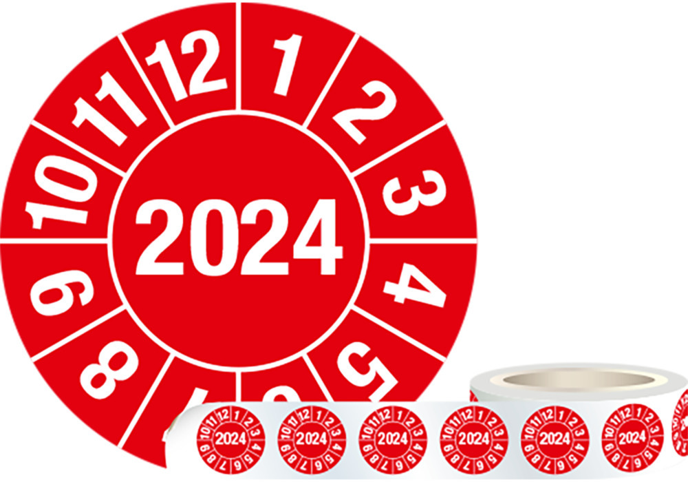 Prüfplakette "2024", rot, Folie, selbstklebend, 30 mm, VE = 1 Rolle à 1000 Stück - 1