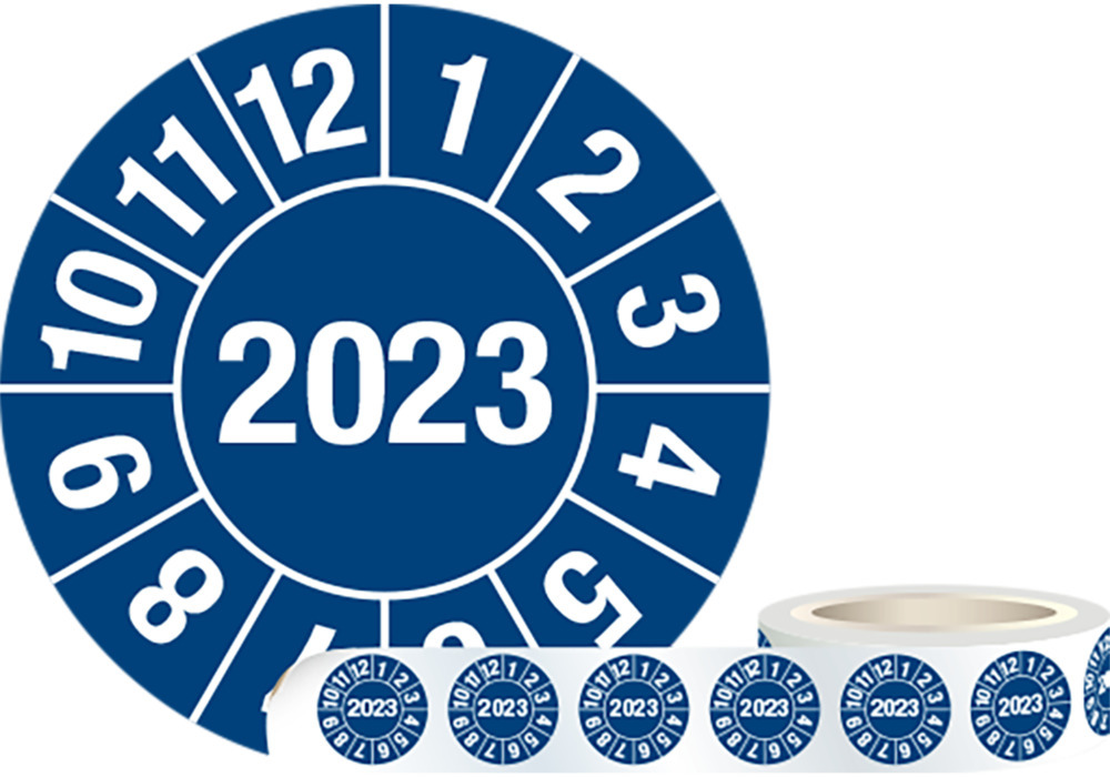 Prüfplakette "2023", blau, Folie, selbstklebend, 30 mm, VE = 1 Rolle à 1000 Stück