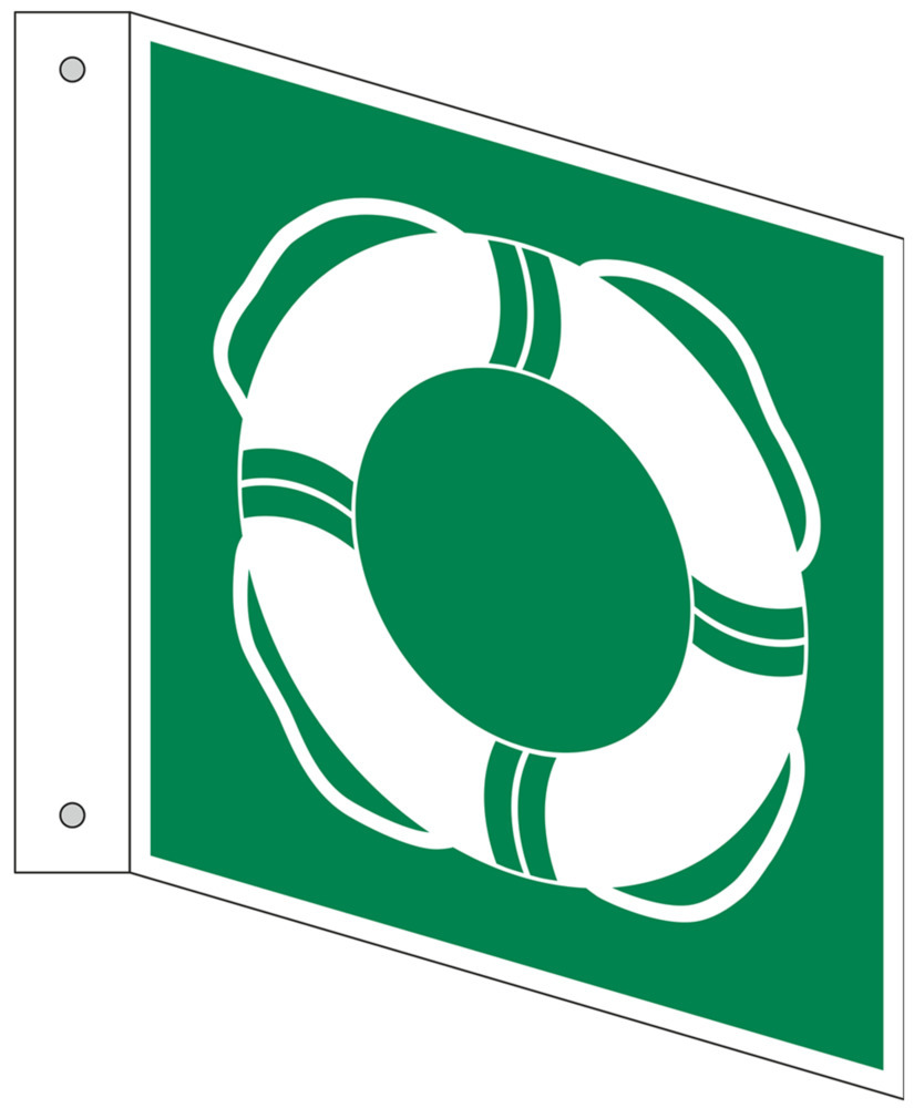 Rettungsschild Fahne "Wasser-Rettungsausrüstung", ISO 7010, Aluminium, LN, 150 x 150 mm, VE = 5 St. - 1