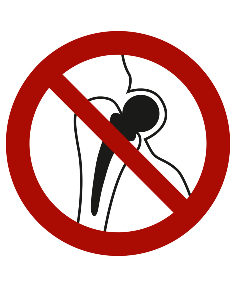 Znak Zakaz wstępu osób z metalowymi implantami, ISO 7010, folia, 100 mm, opak. = 10 szt. - 1