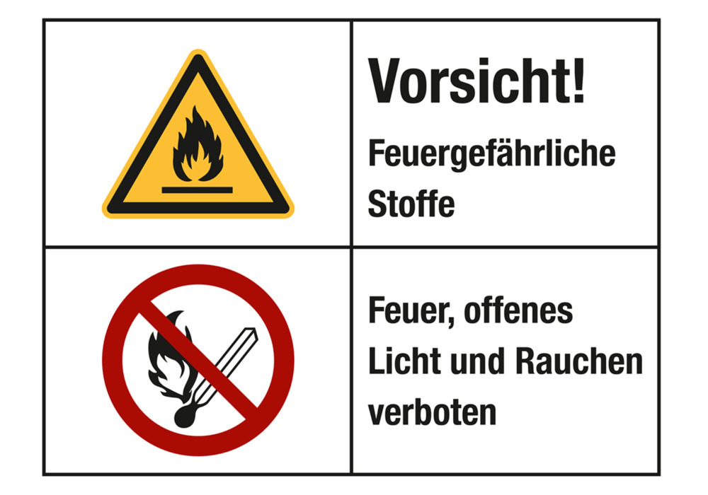 Warnschild Kombi "Feuergefährl. Stoffe/Feuer verboten", ISO 3864, Folie, 200 x 150 mm, VE = 5 St. - 1