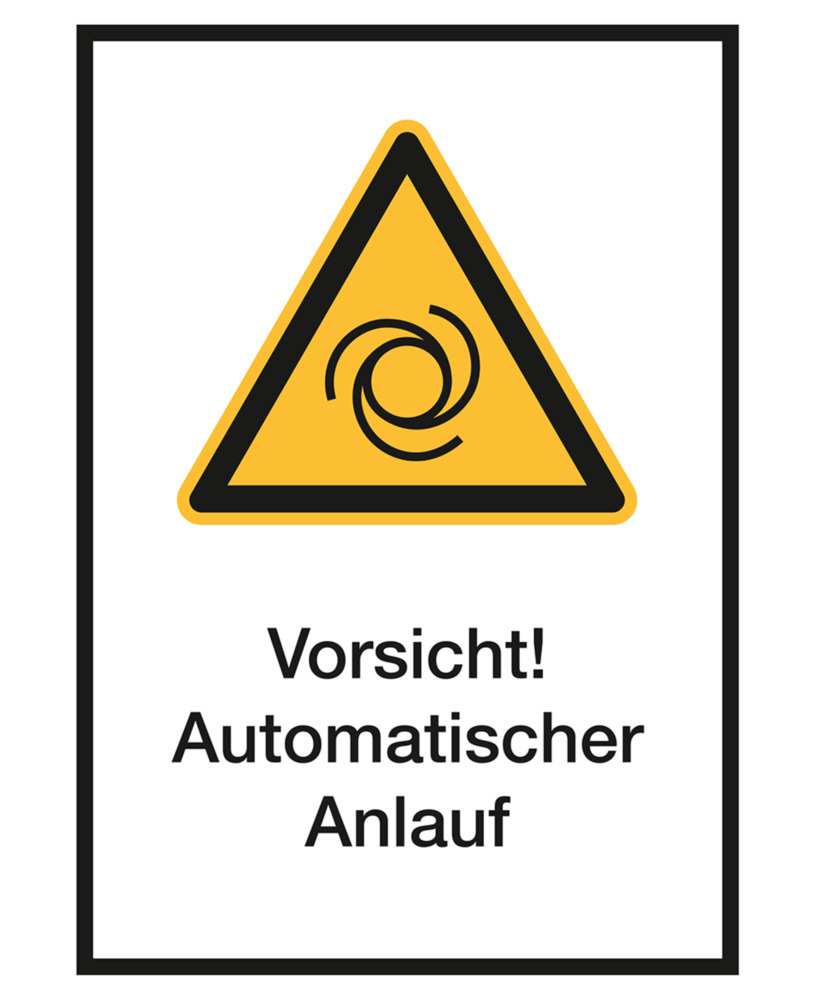 Warnschild Kombi "Vorsicht! Automatischer Anlauf", ISO 7010, Folie, SK, 210 x 297 mm, VE = 5 Stück - 1