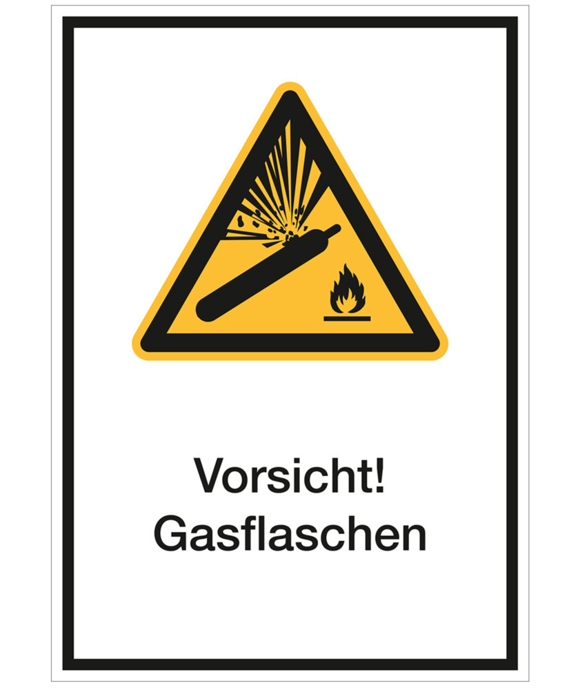 Warnschild Kombi "Vorsicht! Gasflaschen", ISO 7010, Folie, selbstklebend, 210 x 297 mm, VE = 5 Stück - 1
