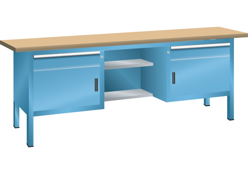 Établi compact Lista, 2000 mm, plan de travail multiplex, 2 portes battantes, 4 tiroirs, bleu clair - 1