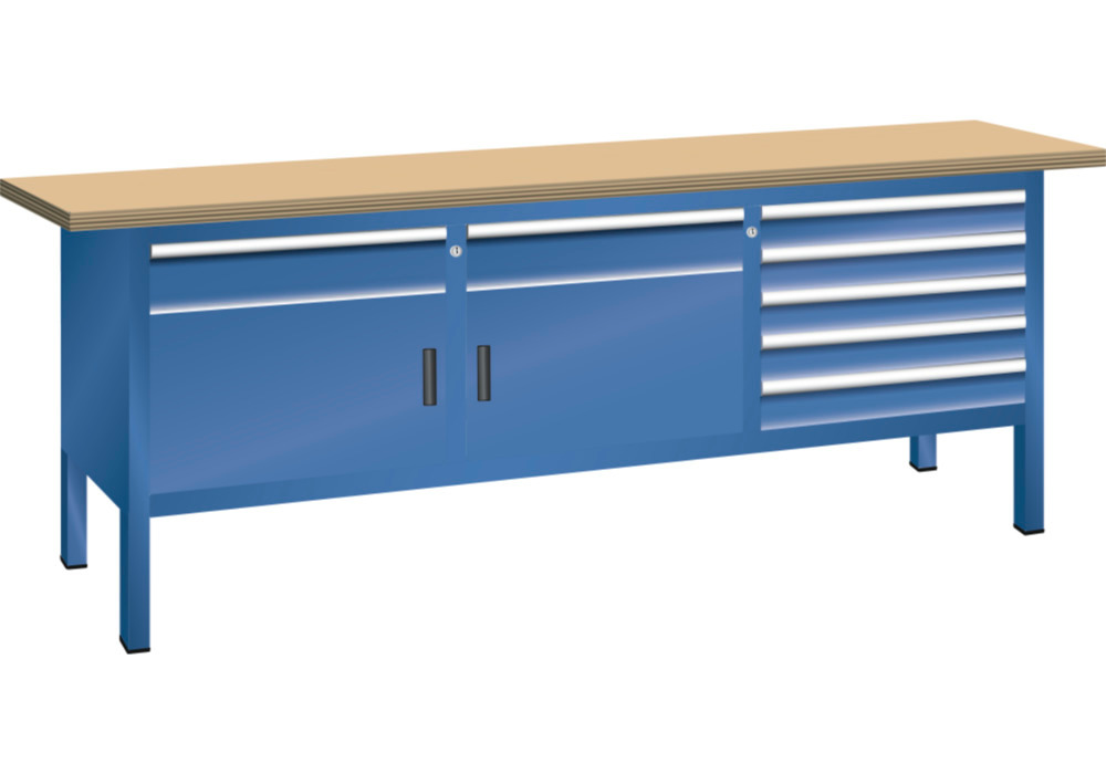 Établi compact Lista, L 2000 mm, plateau en hêtre, 2 portes battantes, 7 tiroirs, bleu gentiane - 1