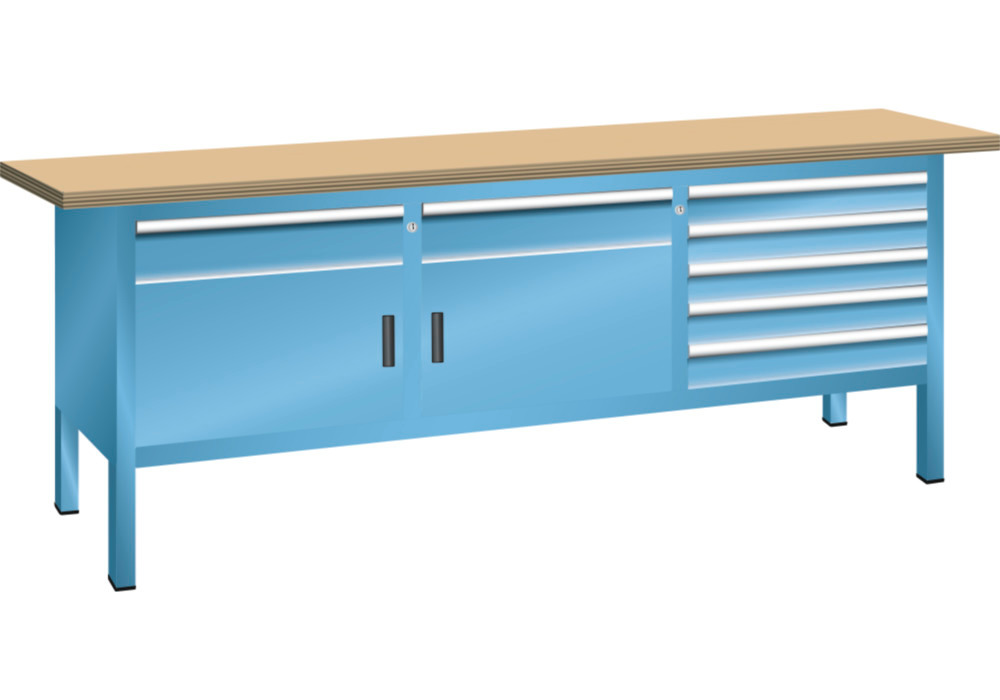 Etabli compact Lista, L 2000mm, plan de travail en hêtre, 2 portes battantes, 7 tiroirs, bleu clair - 1