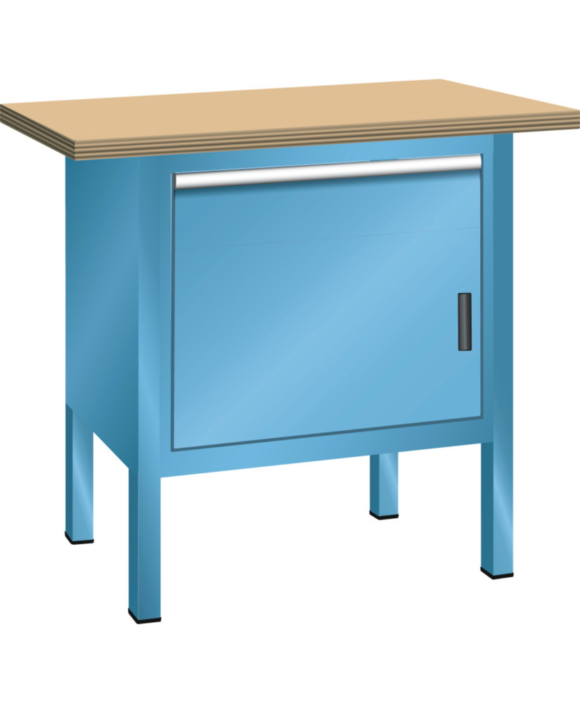 Kompakt arbetsbord Lista, B 1000 mm, Multiplex-arbetsplats, med dörr och låda, ljusblå - 1