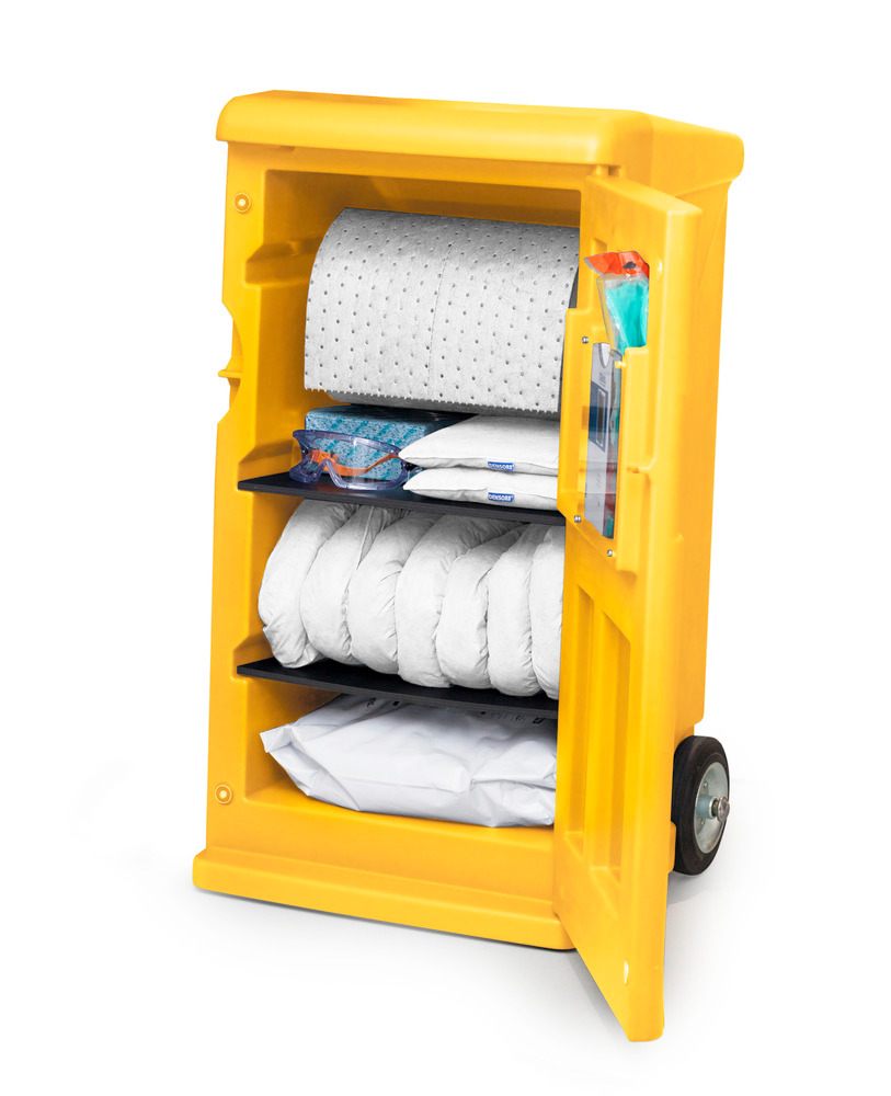 Kit antipollution mobile DENSORB Hydrocarbures, absorbants en caddy jaune de sécurité Medium