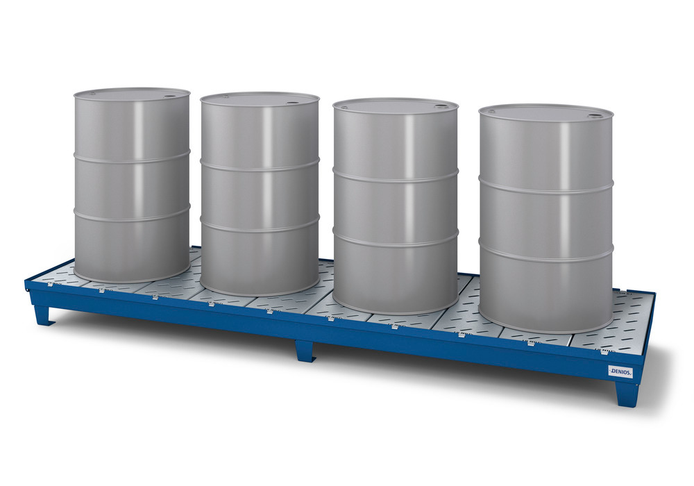 Spill Containment Pallet - 4 Drum Inline Capacity - Removable Galvanized Grating - Painted Steel - 1