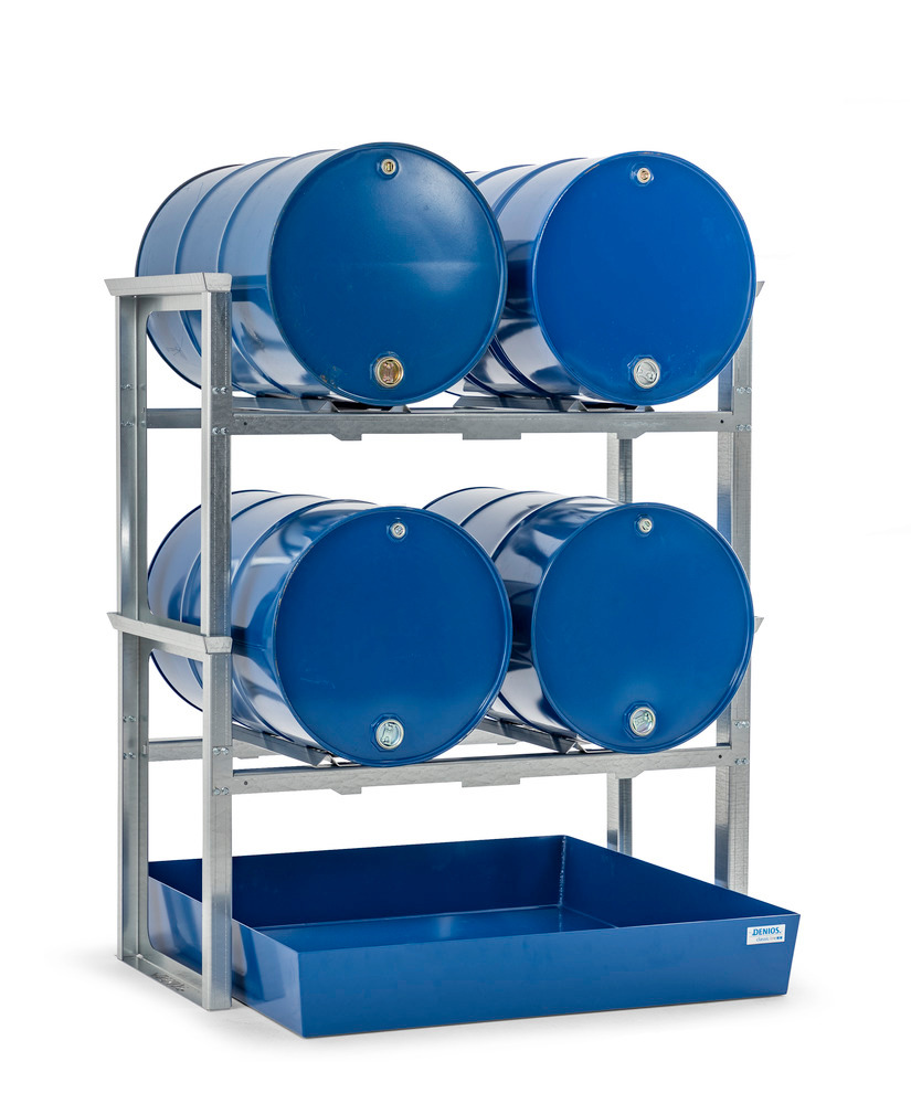 Drum rack/dispensing station for 4 x 200 litre drums, painted spill pallet, 1429 x 1210 x 1637 mm - 1