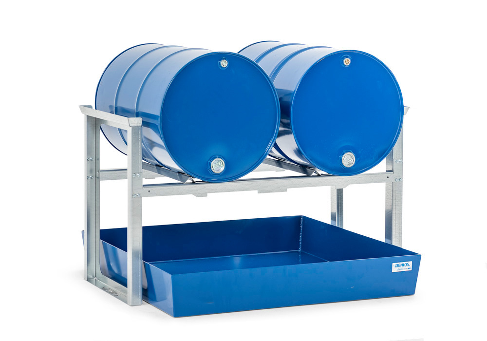 Drum rack/dispensing station for 2 x 200 litre drums, painted spill pallet, 1429 x 1210 x 837 mm - 1