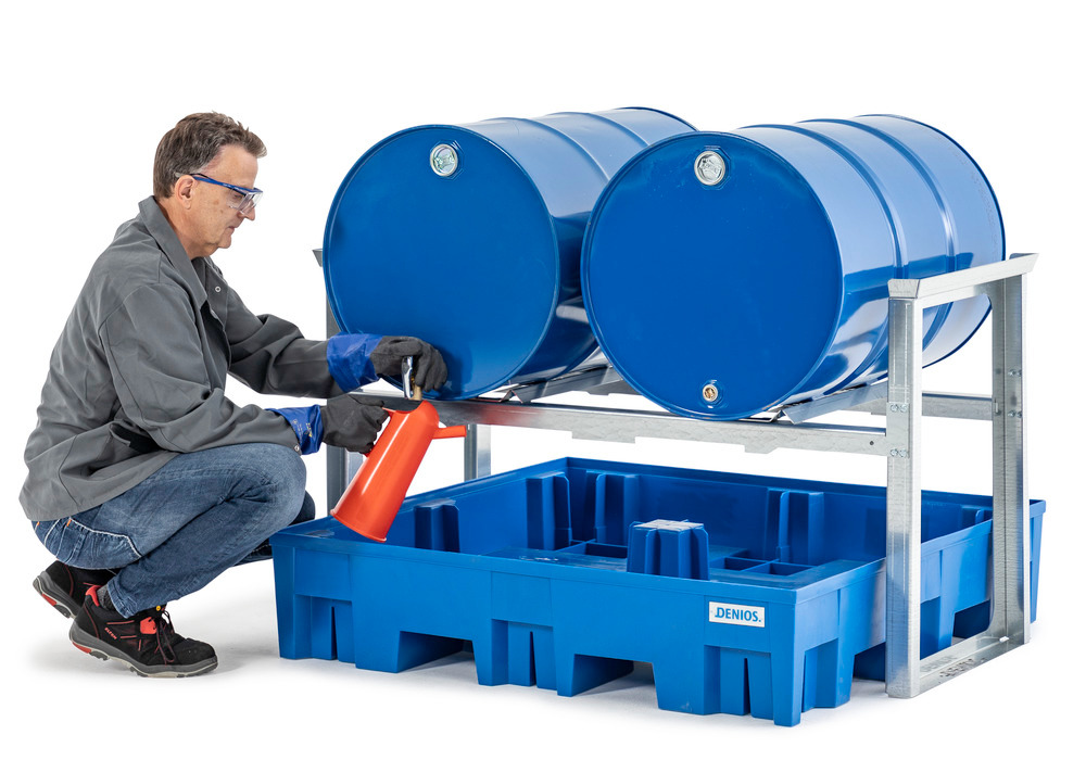 Drum rack/dispensing station for 2 x 200 litre drums, plastic spill pallet, 1429 x 1235 x 837 mm - 2
