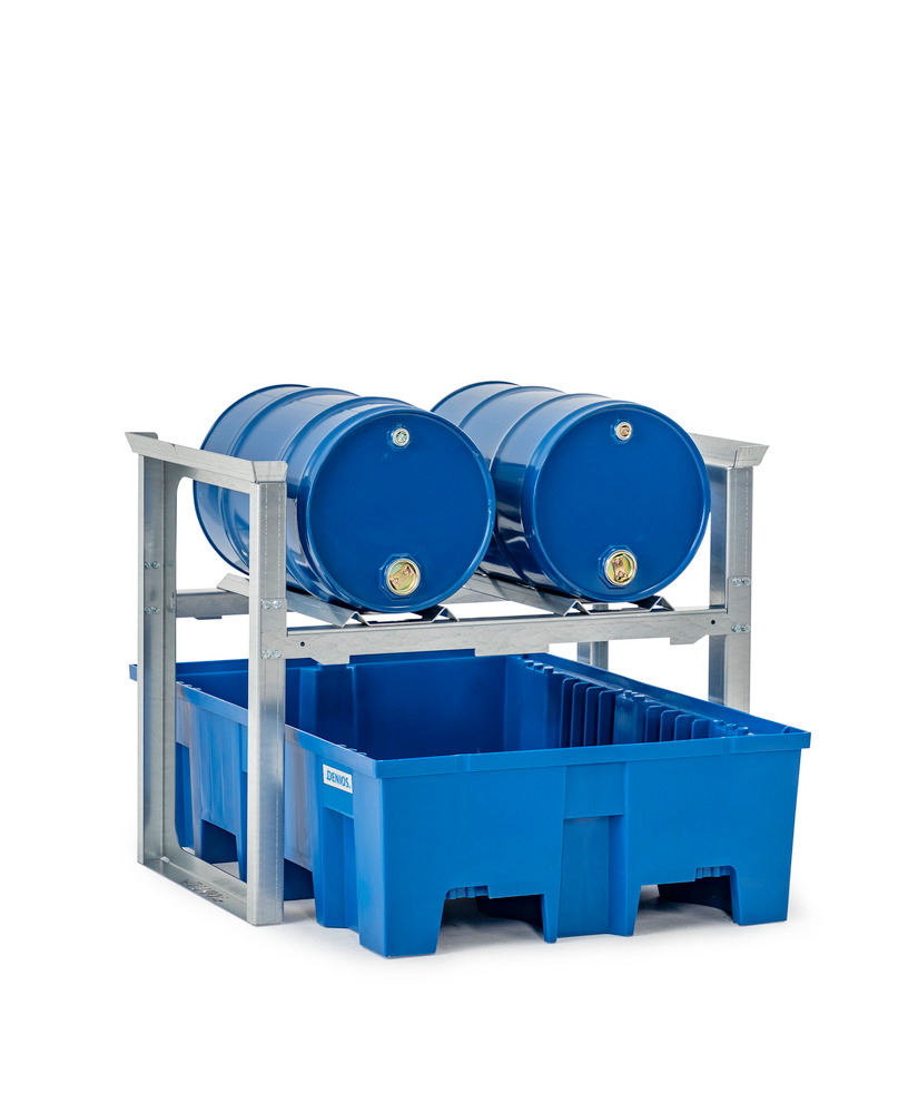 Drum rack/dispensing station for 2 x 60 litre drums, plastic spill pallet, 1049 x 1245 x 837 mm - 1