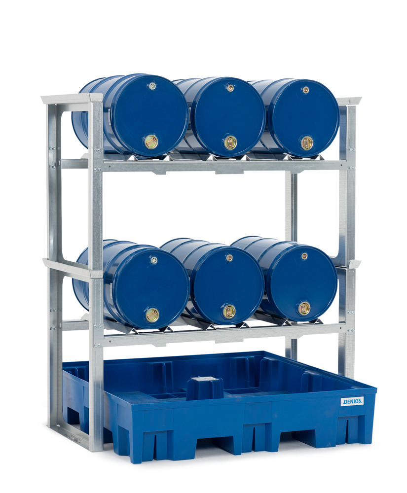 Drum rack/dispensing station for 6 x 60 litre drums, plastic spill pallet, 1429 x 1235 x 1637 mm - 1