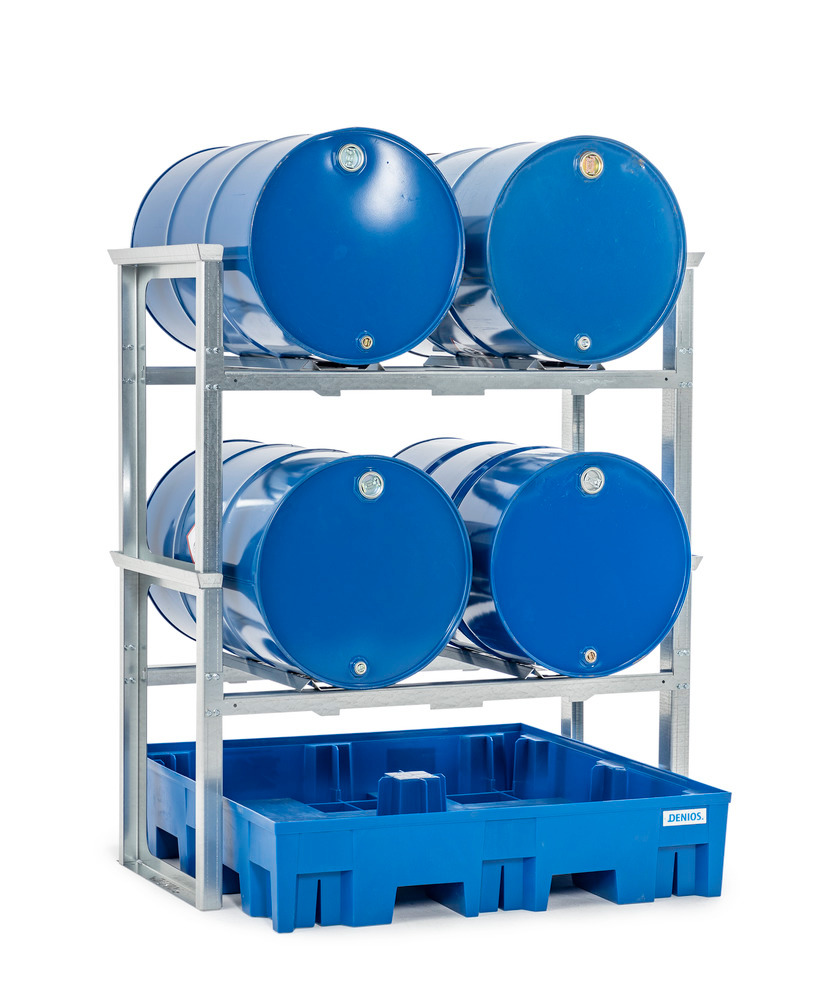 Rayonnage /poste de soutirage pour 4 fûts de 200 litres, bac de rétention en PE, 1429x1235x1637 mm - 1