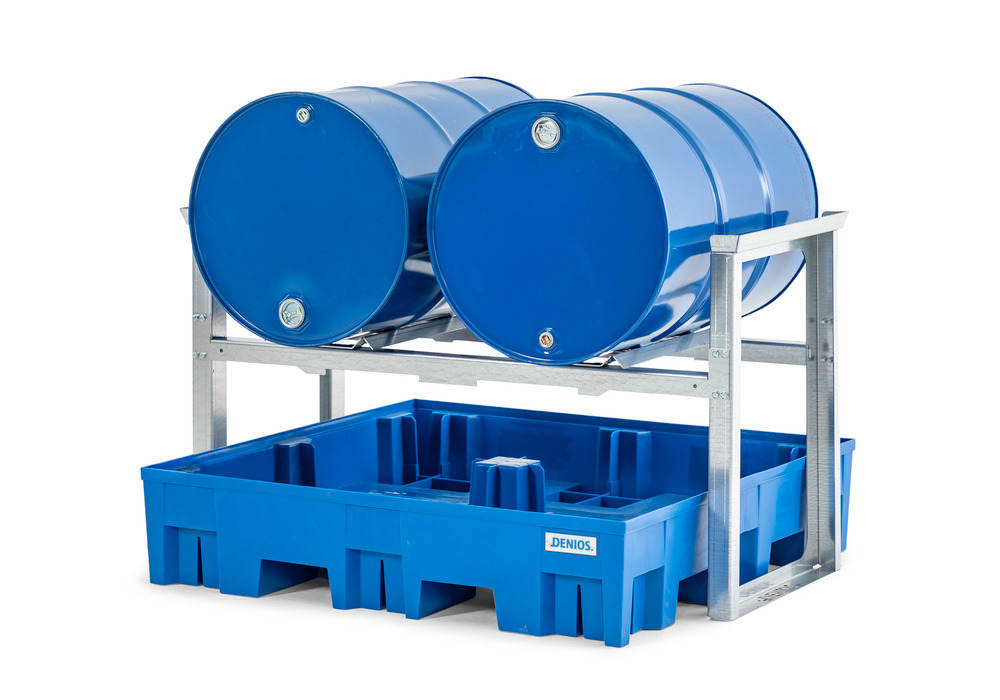 Drum rack/dispensing station for 2 x 200 litre drums, plastic spill pallet, 1429 x 1235 x 837 mm - 1